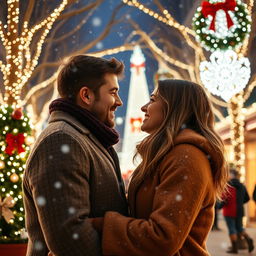 A romantic couple gazing into each other's eyes in a beautifully decorated Christmas square