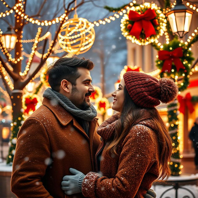 A romantic couple gazing into each other's eyes in a beautifully decorated Christmas square