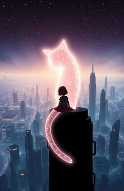 A sci-fi book cover featuring the silhouette of a girl sitting in a high tower, gazing down at a sprawling futuristic city below