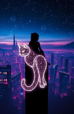 A sci-fi book cover featuring the silhouette of a girl sitting in a high tower, gazing down at a sprawling futuristic city below