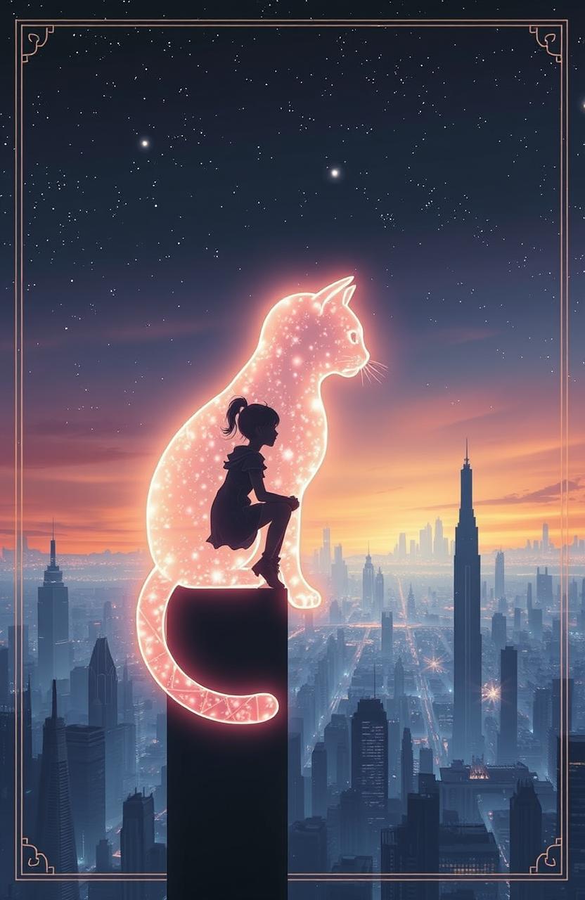 A sci-fi book cover featuring the silhouette of a girl sitting in a high tower, gazing down at a sprawling futuristic city below