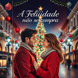 A beautiful book cover titled 'A Felicidade Não Se Compra', featuring a romantic couple gazing into each other's eyes in a charming public square adorned with festive Christmas decorations