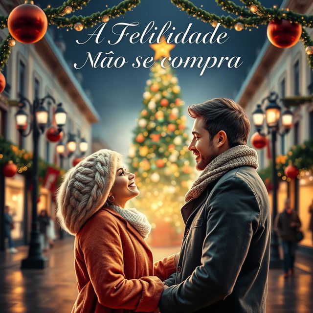 A beautiful book cover titled 'A Felicidade Não Se Compra', featuring a romantic couple gazing into each other's eyes in a charming public square adorned with festive Christmas decorations