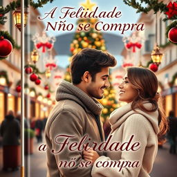A beautiful book cover titled 'A Felicidade Não Se Compra', featuring a romantic couple gazing into each other's eyes in a charming public square adorned with festive Christmas decorations