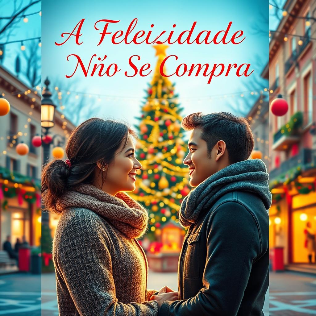 A beautiful book cover titled 'A Felicidade Não Se Compra', featuring a romantic couple gazing into each other's eyes in a charming public square adorned with festive Christmas decorations