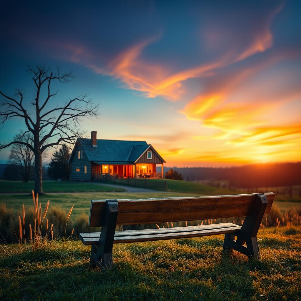 A captivating book cover featuring a serene scene of a cozy house sitting peacefully in the background, with a picturesque farmhouse illuminated by warm, inviting lights