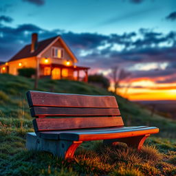 A captivating book cover featuring a serene scene of a cozy house sitting peacefully in the background, with a picturesque farmhouse illuminated by warm, inviting lights