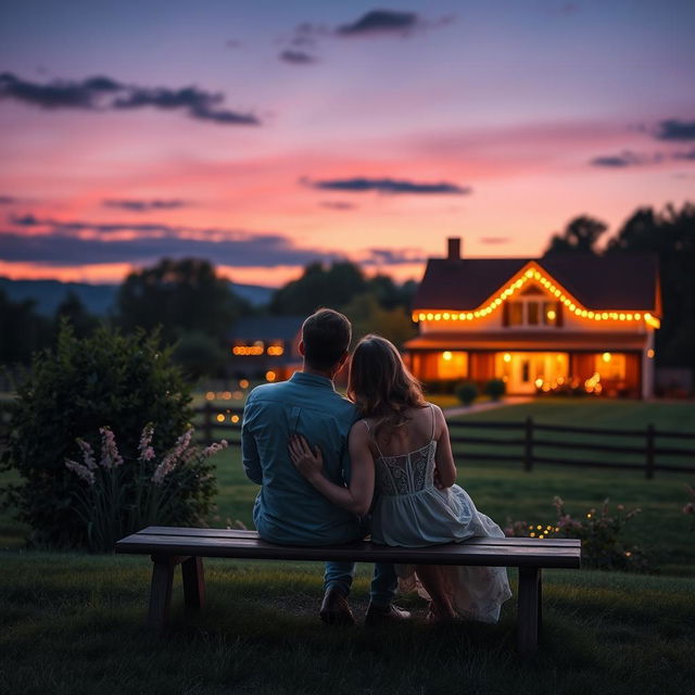 A captivating book cover featuring a couple sitting on a bench, gazing at a picturesque farmhouse illuminated by warm, twinkling lights in the background