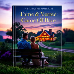 A captivating book cover featuring a couple sitting on a bench, gazing at a picturesque farmhouse illuminated by warm, twinkling lights in the background