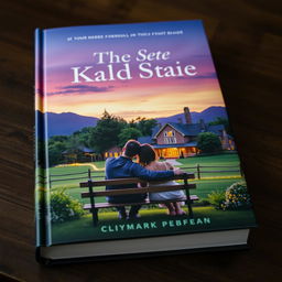 A captivating book cover featuring a couple sitting on a bench, gazing at a picturesque farmhouse illuminated by warm, twinkling lights in the background