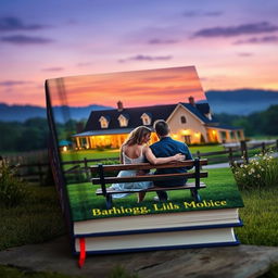 A captivating book cover featuring a couple sitting on a bench, gazing at a picturesque farmhouse illuminated by warm, twinkling lights in the background