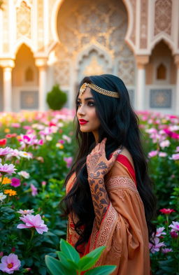 A beautiful Arab woman in traditional attire, with intricate henna designs on her hands, standing in a lush garden filled with exotic flowers