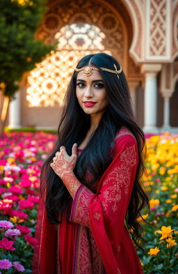 A beautiful Arab woman in traditional attire, with intricate henna designs on her hands, standing in a lush garden filled with exotic flowers