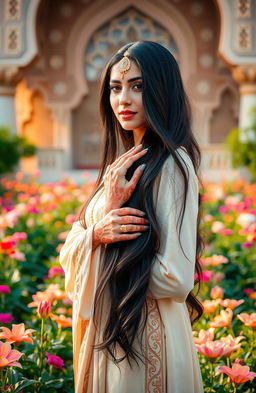 A beautiful Arab woman in traditional attire, with intricate henna designs on her hands, standing in a lush garden filled with exotic flowers