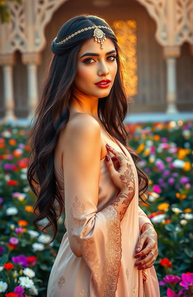 A beautiful Arab woman in traditional attire, with intricate henna designs on her hands, standing in a lush garden filled with exotic flowers