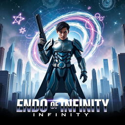 An epic movie poster for 'Endo of Infinity', showcasing a futuristic landscape filled with towering skyscrapers and a star-studded sky