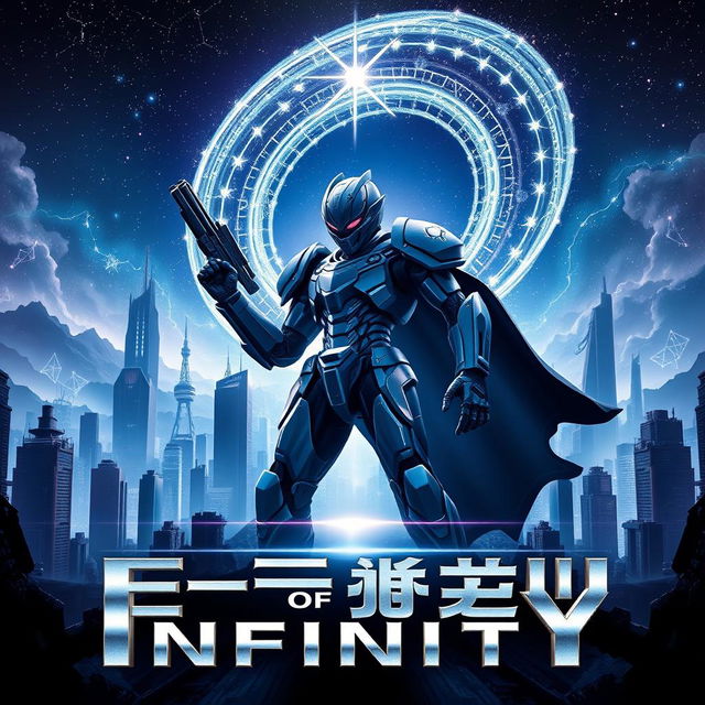 An epic movie poster for 'Endo of Infinity', showcasing a futuristic landscape filled with towering skyscrapers and a star-studded sky