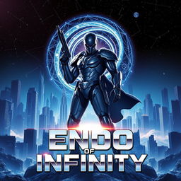 An epic movie poster for 'Endo of Infinity', showcasing a futuristic landscape filled with towering skyscrapers and a star-studded sky