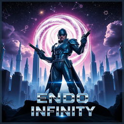 An epic movie poster for 'Endo of Infinity', showcasing a futuristic landscape filled with towering skyscrapers and a star-studded sky