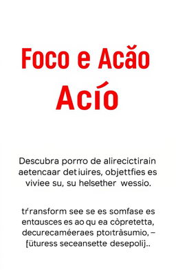 A motivational poster with the title 'Foco e Ação: Como Alcançar Seus Objetivos e Viver Sua Melhor Versão' prominently displayed in bold red letters at the top