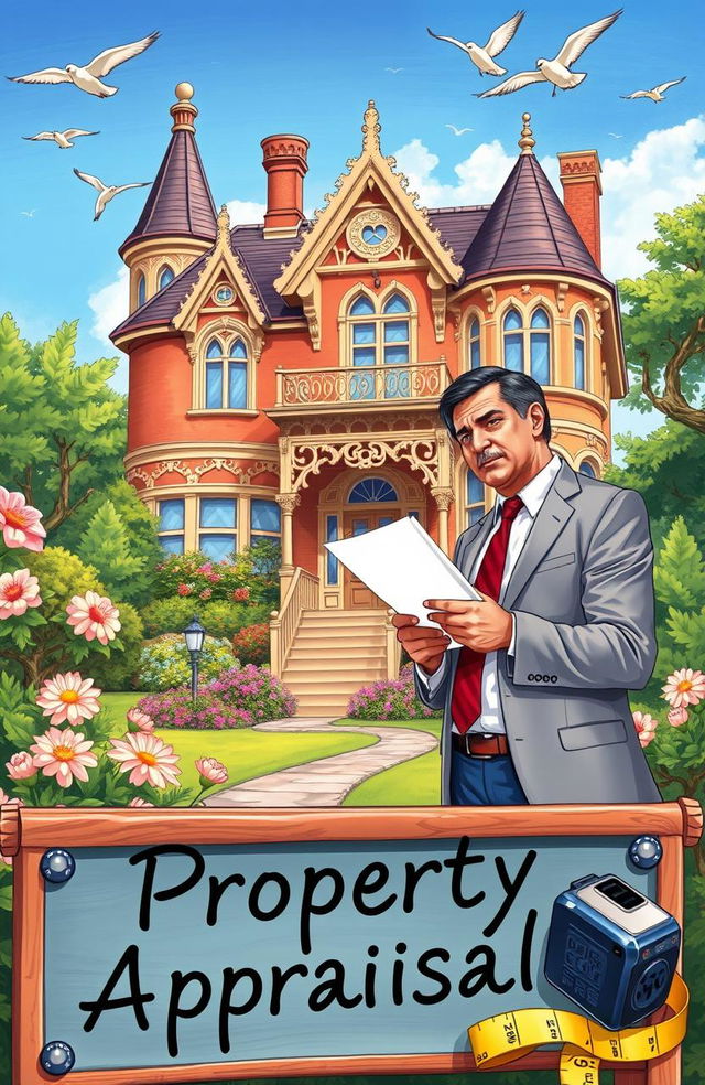 A detailed and colorful illustration of a property appraisal scene, featuring a professional appraiser examining a beautiful old house with intricate architectural details