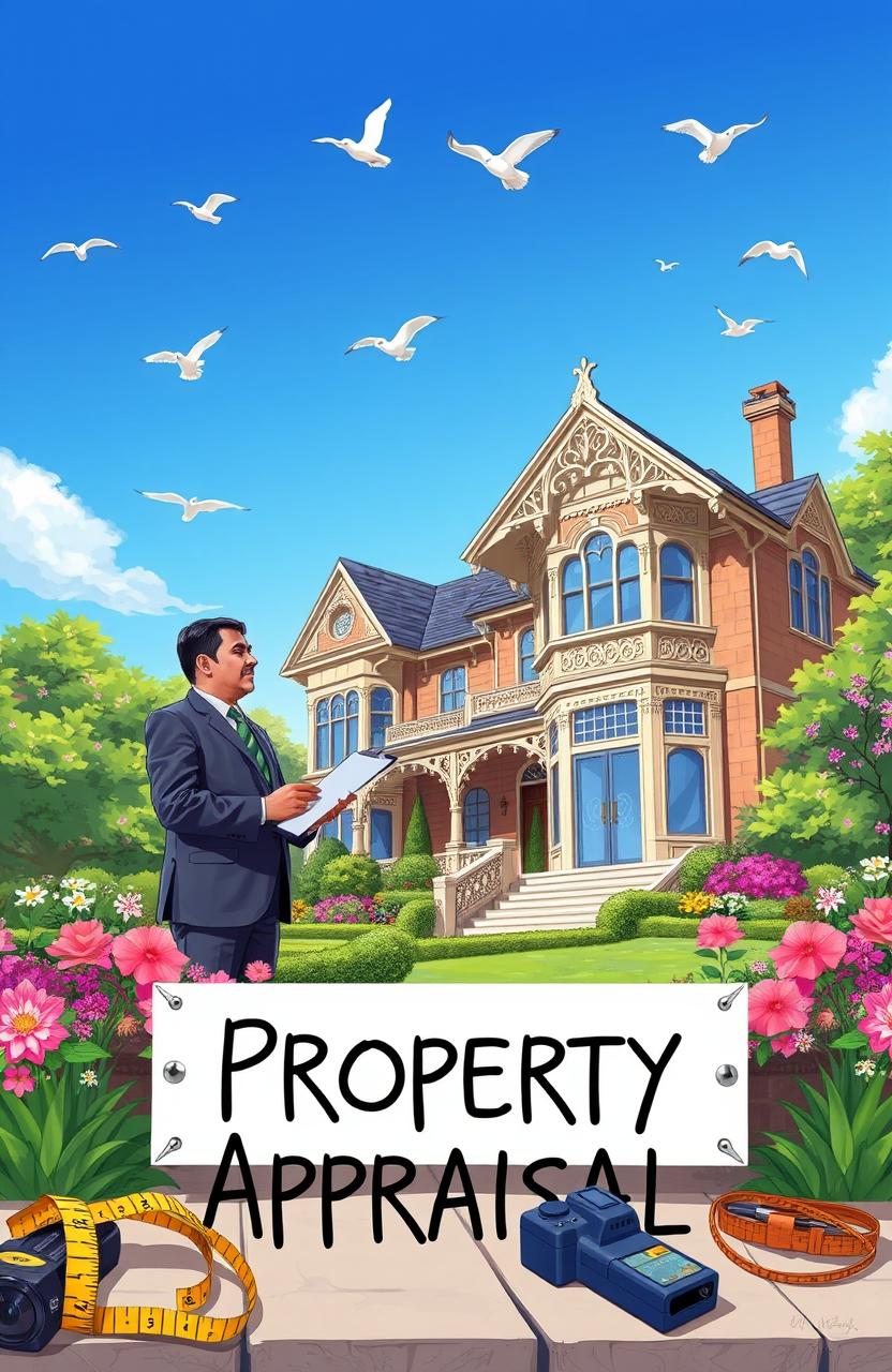 A detailed and colorful illustration of a property appraisal scene, featuring a professional appraiser examining a beautiful old house with intricate architectural details