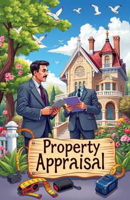 A detailed and colorful illustration of a property appraisal scene, featuring a professional appraiser examining a beautiful old house with intricate architectural details