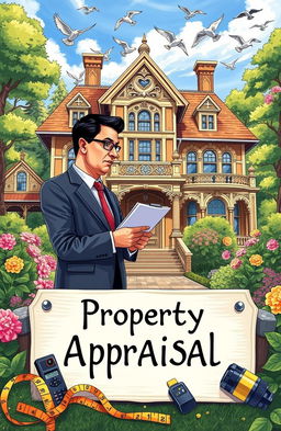 A detailed and colorful illustration of a property appraisal scene, featuring a professional appraiser examining a beautiful old house with intricate architectural details