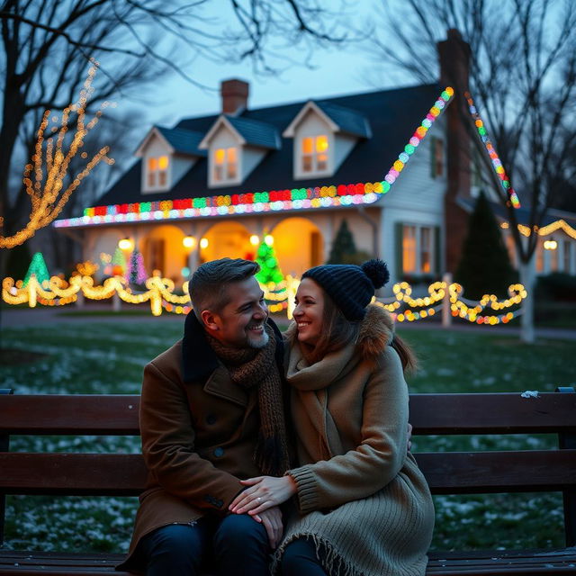 A couple sitting together on a park bench, smiling and enjoying each other's company