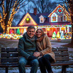 A couple sitting together on a park bench, smiling and enjoying each other's company