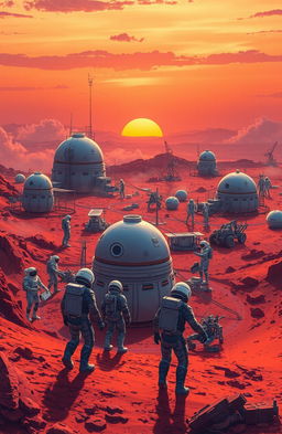 A stunning and vibrant illustration of a futuristic Martian landscape at dawn, depicting the construction of a human habitat colony on the Martian surface