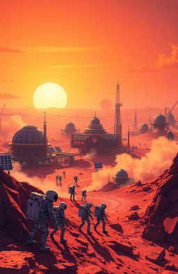 A stunning and vibrant illustration of a futuristic Martian landscape at dawn, depicting the construction of a human habitat colony on the Martian surface