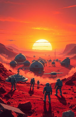 A stunning and vibrant illustration of a futuristic Martian landscape at dawn, depicting the construction of a human habitat colony on the Martian surface
