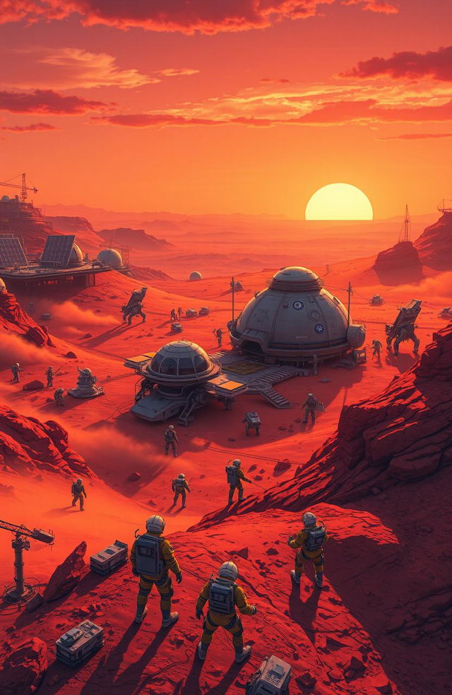 A stunning and vibrant illustration of a futuristic Martian landscape at dawn, depicting the construction of a human habitat colony on the Martian surface