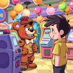 A vibrant and playful scene set in the colorful world of Fazbear Quest