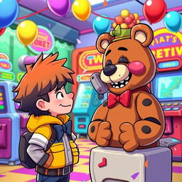 A vibrant and playful scene set in the colorful world of Fazbear Quest