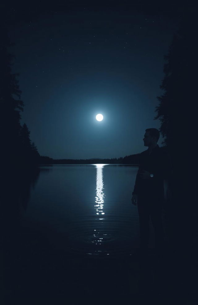 A solitary man dressed in a sleek black outfit standing by a serene lake at night