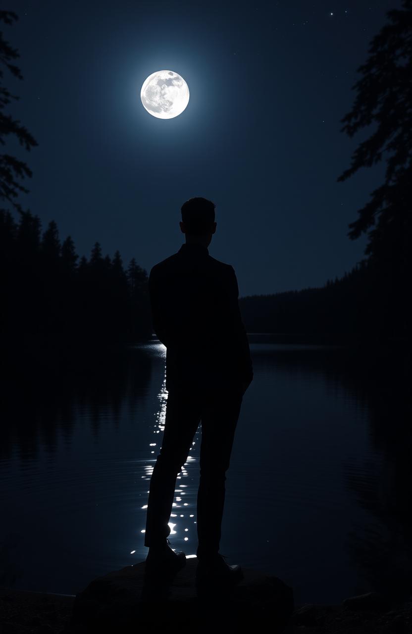 A solitary man dressed in a sleek black outfit standing by a serene lake at night