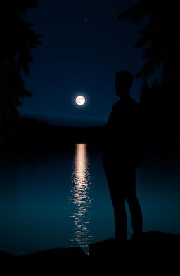 A solitary man dressed in a sleek black outfit standing by a serene lake at night