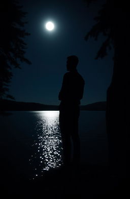 A solitary man dressed in a sleek black outfit standing by a serene lake at night