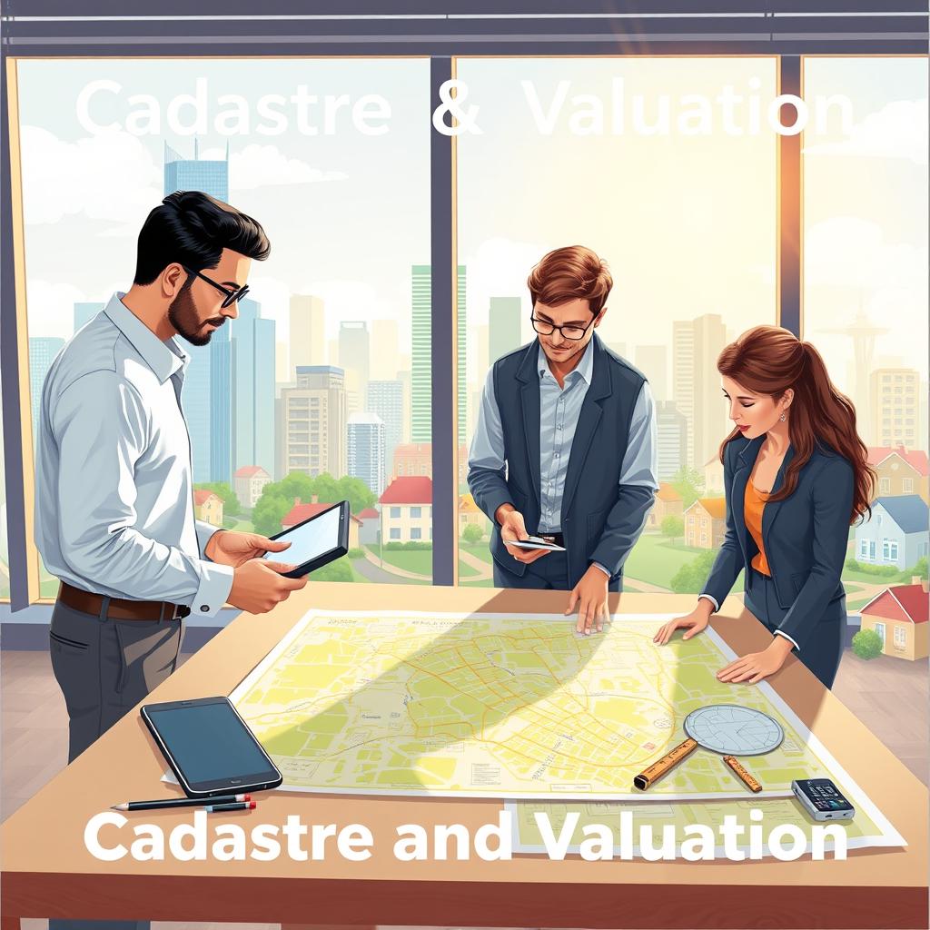 An engaging educational illustration focused on the themes of Cadastre and Valuation, showcasing a diverse team of professionals at work