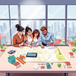 An engaging educational illustration focused on the themes of Cadastre and Valuation, showcasing a diverse team of professionals at work