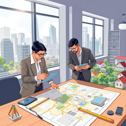 An engaging educational illustration focused on the themes of Cadastre and Valuation, showcasing a diverse team of professionals at work