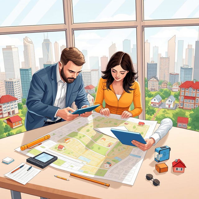 An engaging educational illustration focused on the themes of Cadastre and Valuation, showcasing a diverse team of professionals at work