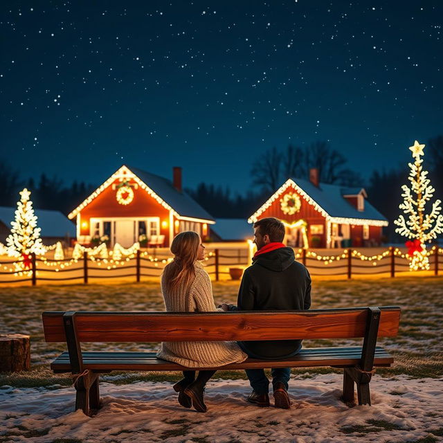 A romantic scene of a couple sitting on a bench with a cozy atmosphere, surrounded by a beautiful farm illuminated with sparkling Christmas lights