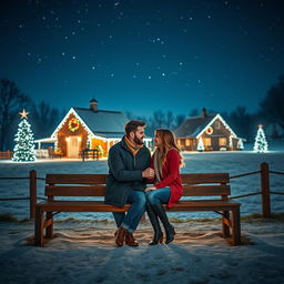 A romantic scene of a couple sitting on a bench with a cozy atmosphere, surrounded by a beautiful farm illuminated with sparkling Christmas lights