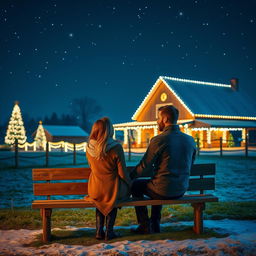 A romantic scene of a couple sitting on a bench with a cozy atmosphere, surrounded by a beautiful farm illuminated with sparkling Christmas lights