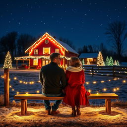 A romantic scene of a couple sitting on a bench with a cozy atmosphere, surrounded by a beautiful farm illuminated with sparkling Christmas lights