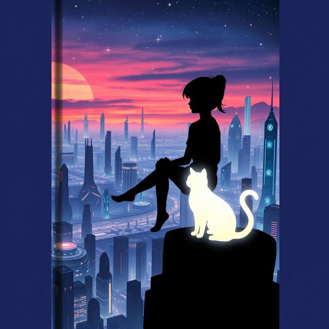 A sci-fi book cover featuring the silhouette of a girl sitting in a high tower, gazing out over a sprawling futuristic city below