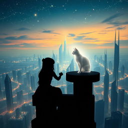 A sci-fi book cover featuring the silhouette of a girl sitting in a high tower, gazing out over a sprawling futuristic city below